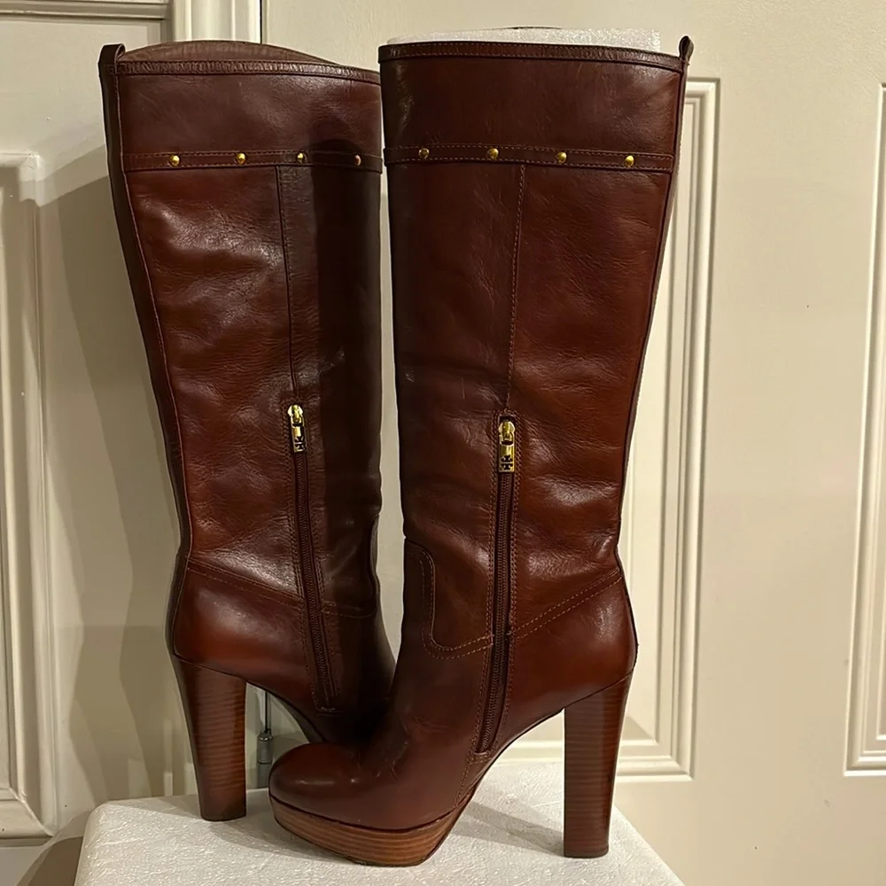 Tory Burch Colleen studded Platform knee high boots. Color Sienna Brown